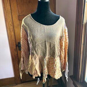 Y2K 90s Sacred Threads Boho Patchwork Top XL Hippie Artist Lagenlook Bohemian